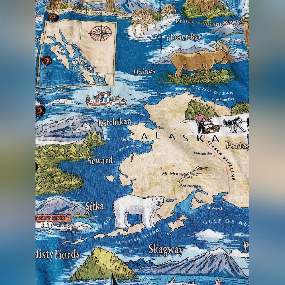 David Carey Originals Alaska Map Hawaiian Shirt‎ Men’s XL Blue Wildlife Print